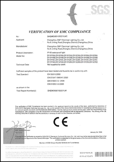 Changzhou D & Y Electrical Lighting Co.,Ltd certificate